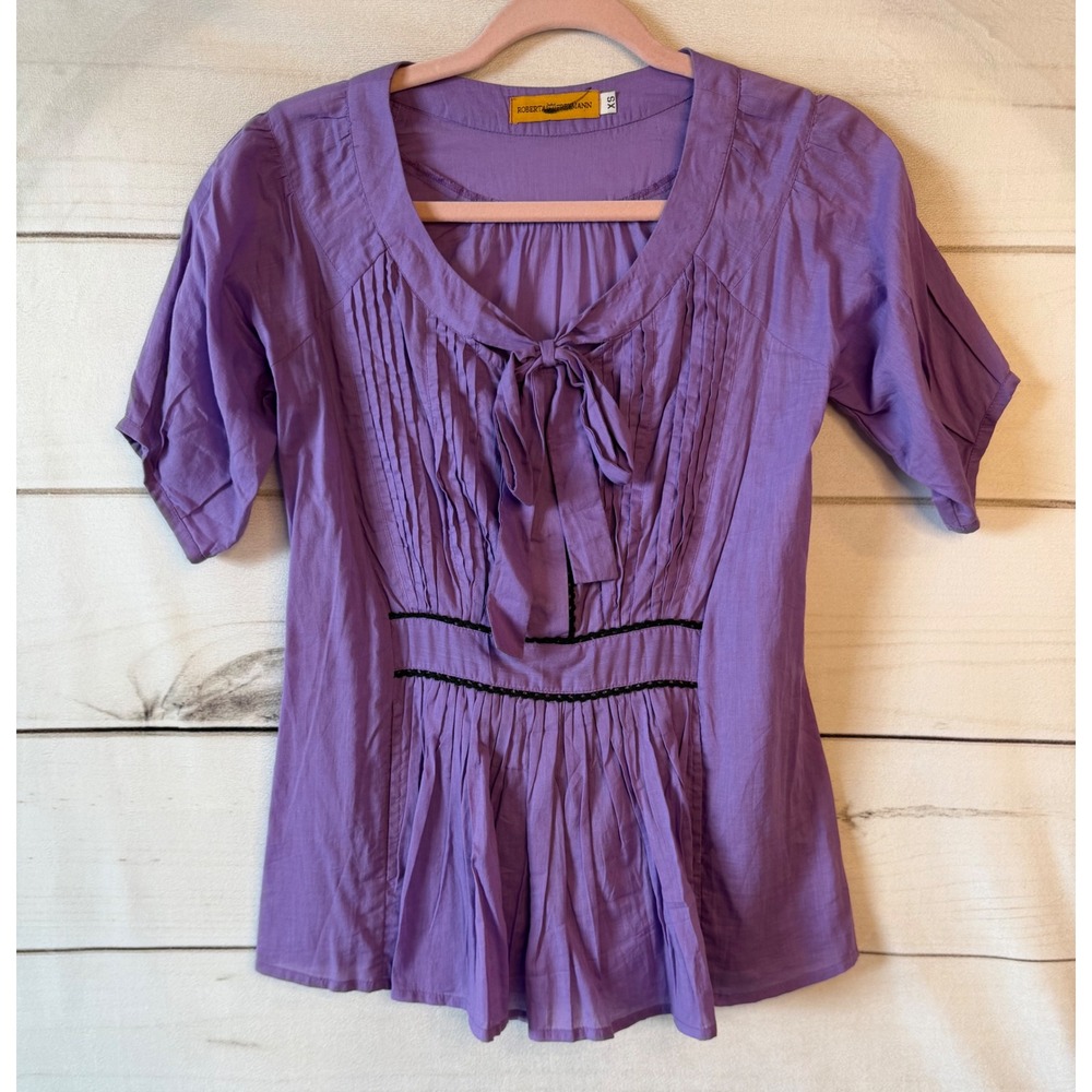 Roberta Freymann Purple Cotton Pintuck Tie Neck Empire Waist Blouse XS Boho Top